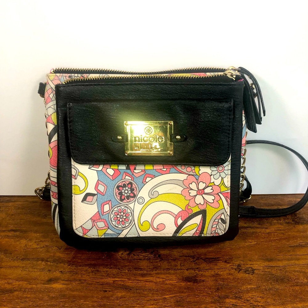Nicole Miller‎ Artist Gallery Crossbody Bag Purse Chains Black Vintage